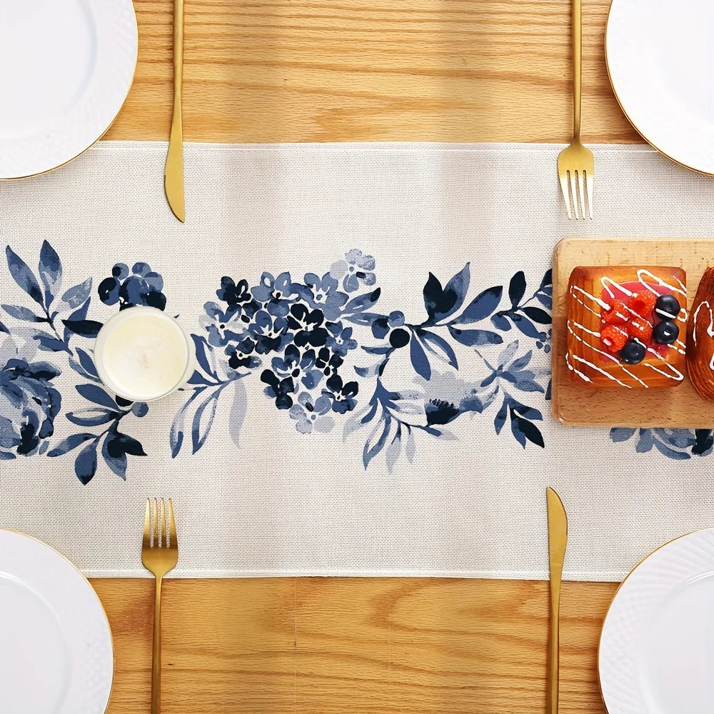 BloomLoom | Chemin de table Boho | Lin avec fleurs bleues | 150–200 × 33 cm