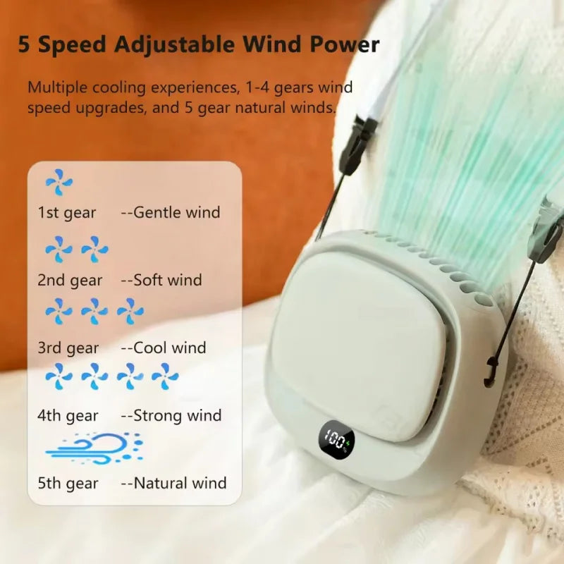 Brisano Ventilateur de Cou | Portable & Rechargeable | 5 Vitesses & Affichage LED | Mini Ventilateur Manuel Silencieux pour l'Été & les Voyages