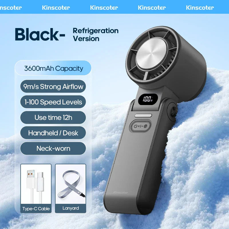 CoolityGo Ventilateur à main avec technologie Ice-Cool | 100 niveaux de vitesse | Batterie de 3600mAh | Pliable et ultraléger