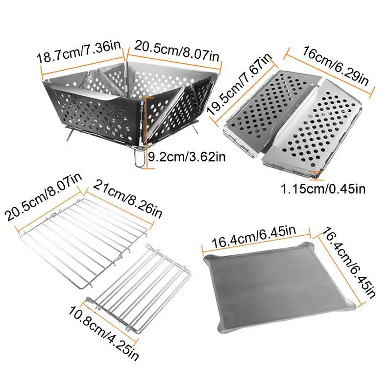FireFold | Gril pliable en acier inoxydable | Four à bois pour camping et extérieur | 20,5 × 18,7 × 9,2 cm