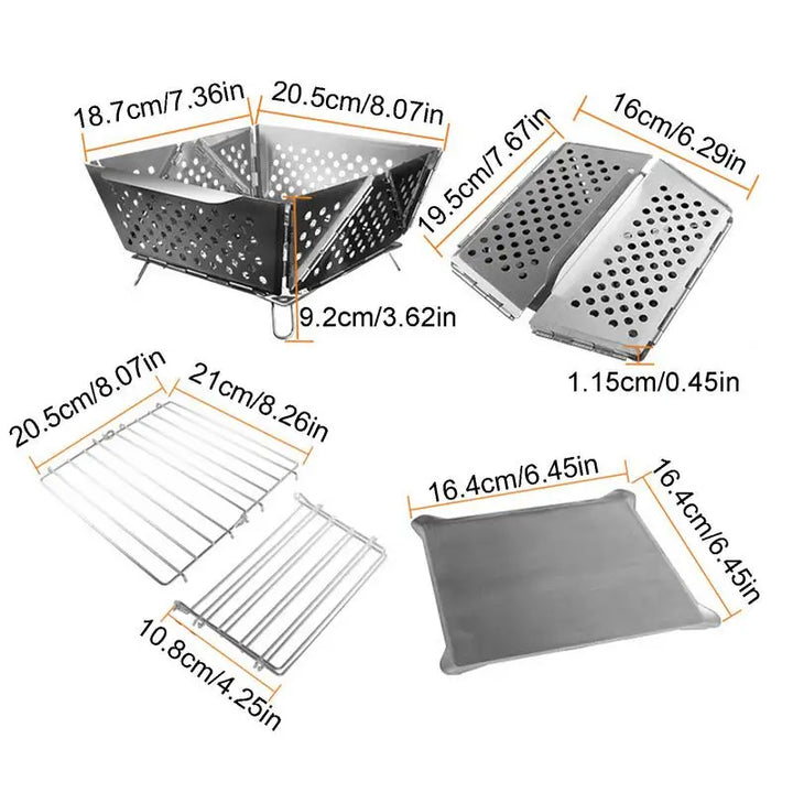 FireFold | Gril pliable en acier inoxydable | Four à bois pour camping et extérieur | 20,5 × 18,7 × 9,2 cm