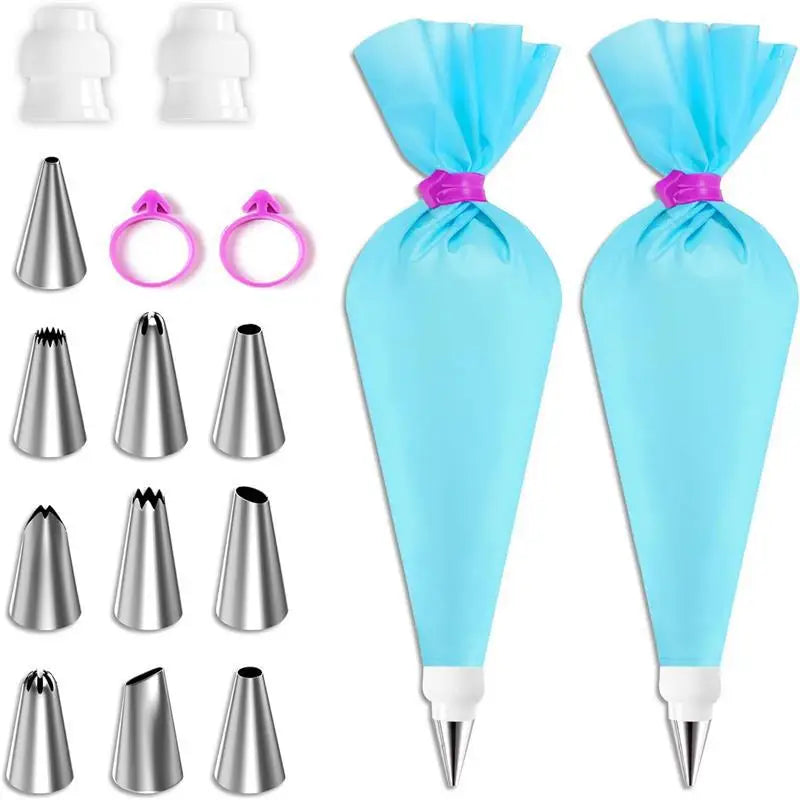 BakeDeko™ Set de douilles | Sacs à pâtisserie en silicone réutilisables avec douilles en acier inoxydable | Pour gâteaux, cupcakes et pâtisseries