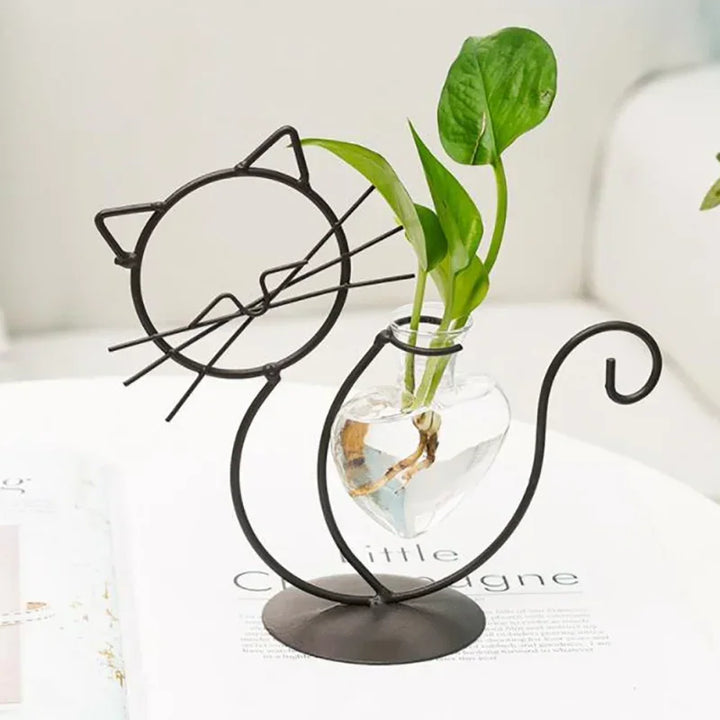 Felora | Vase en verre en forme de cœur pour hydroponie avec support pour chat | Fer forgé fait main & verre borosilicaté