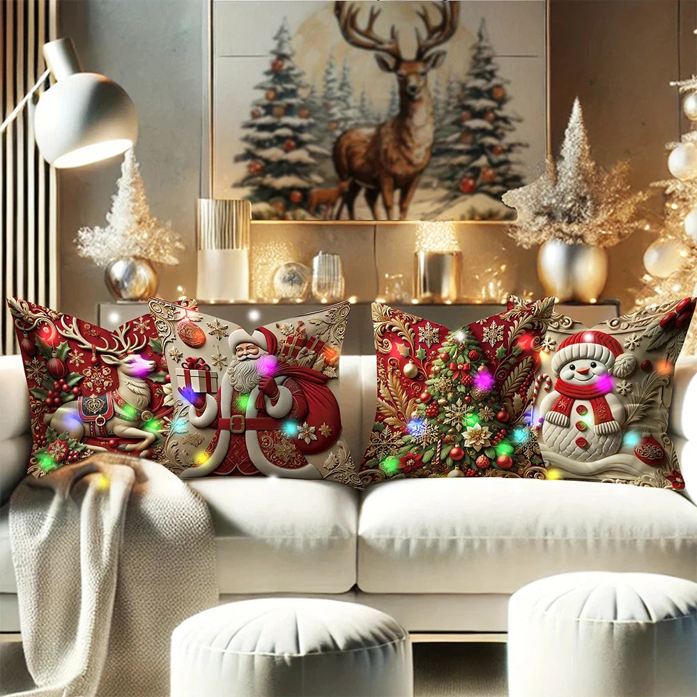 Housse de coussin LED Noël LumiNoël | Design 3D Père Noël | Avec fonction éclairante | 45x45 cm Polyester