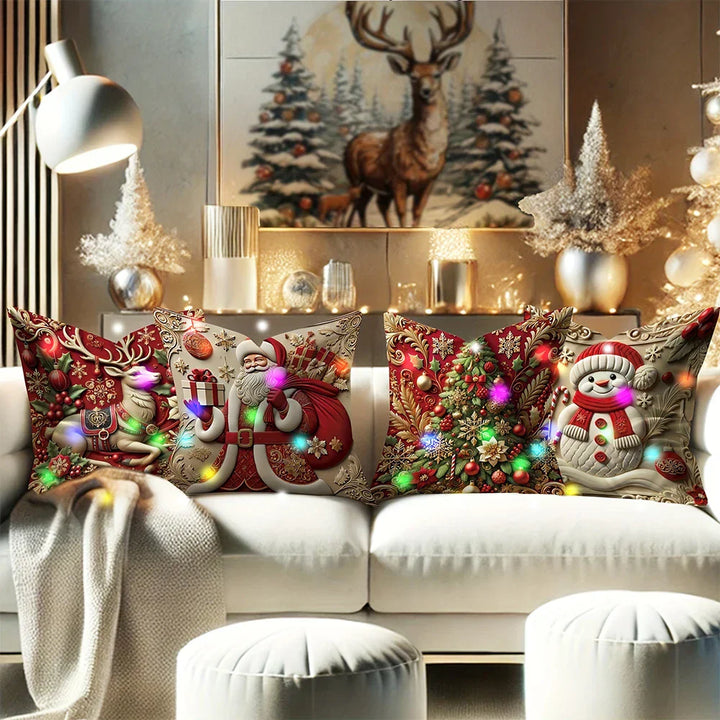 Housse de coussin LED Noël LumiNoël | Design 3D Père Noël | Avec fonction éclairante | 45x45 cm Polyester