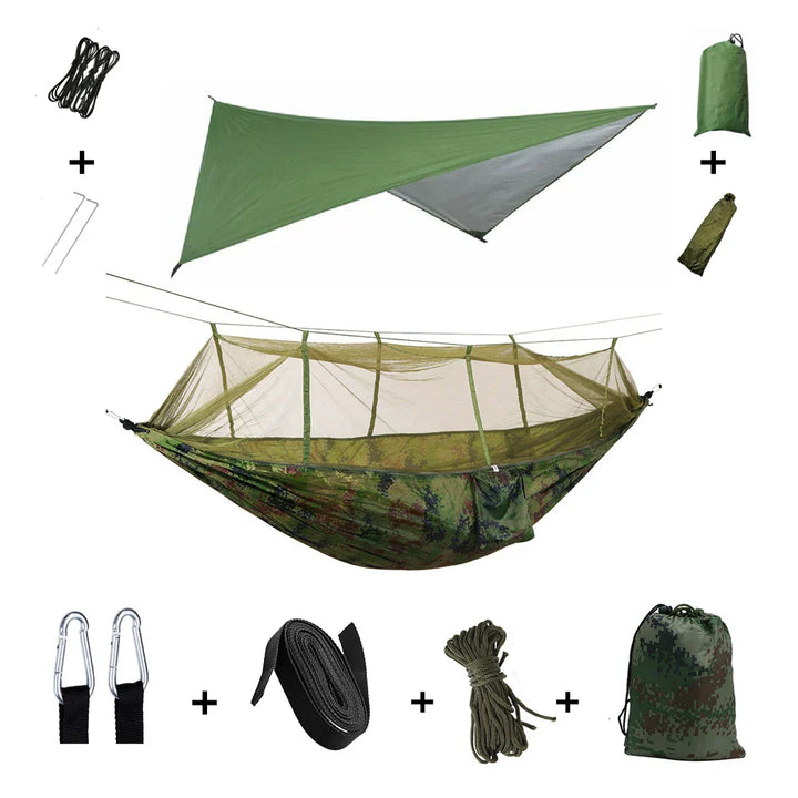 Trekviva Hamac de Camping | Filet anti-moustiques intégré & Tarp de pluie | Ultra léger & Résistant | Solution 3-en-1 pour l'extérieur