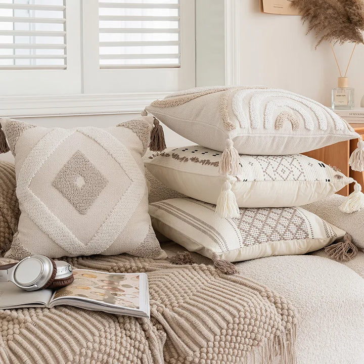 Housse de coussin BohoLoom | 45x45 cm | Mélange de coton avec franges | Fermeture éclair cachée
