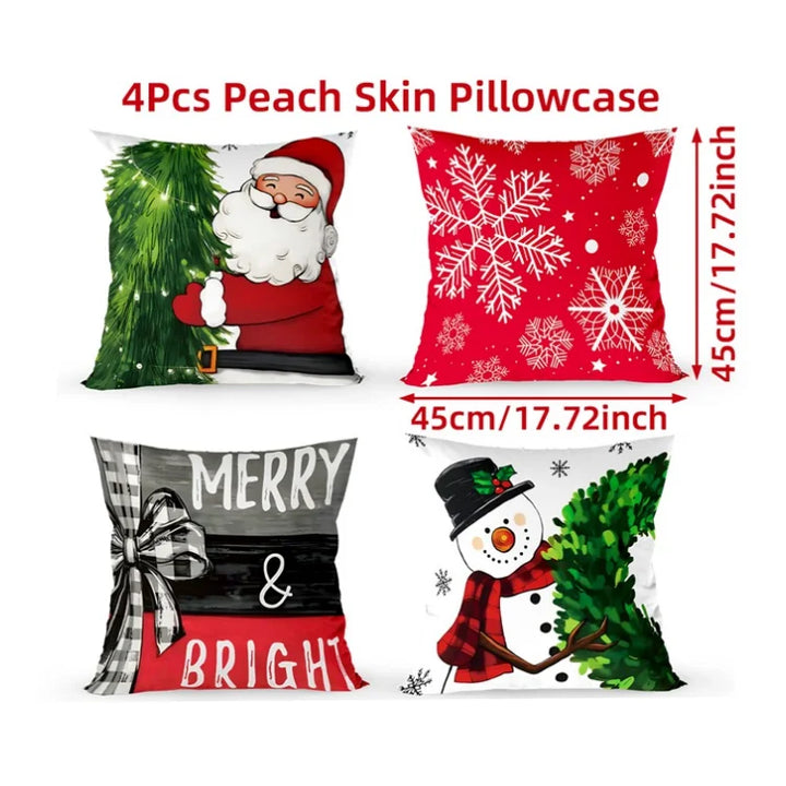 Ensemble de Housses de Coussin de Noël (4 pièces) | Décoration Festive pour la Maison | Coton Doux | 45x45 cm