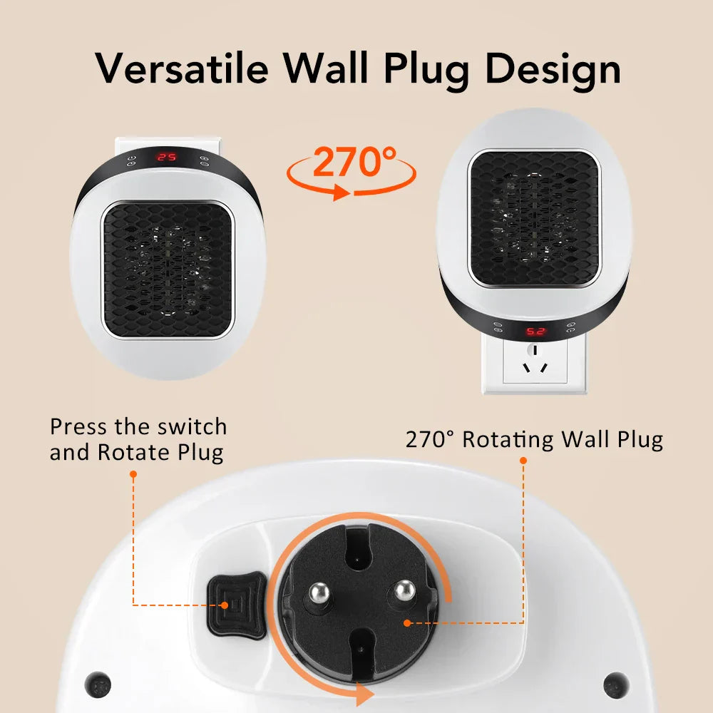 Chauffage Électrique Mini Heatigo 600W | Design Prise Murale | PTC-Céramique, Thermostat & Télécommande | Silencieux & Sûr