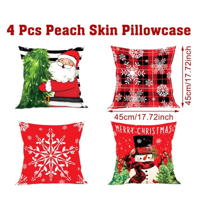 Ensemble de Housses de Coussin de Noël (4 pièces) | Décoration Festive pour la Maison | Coton Doux | 45x45 cm