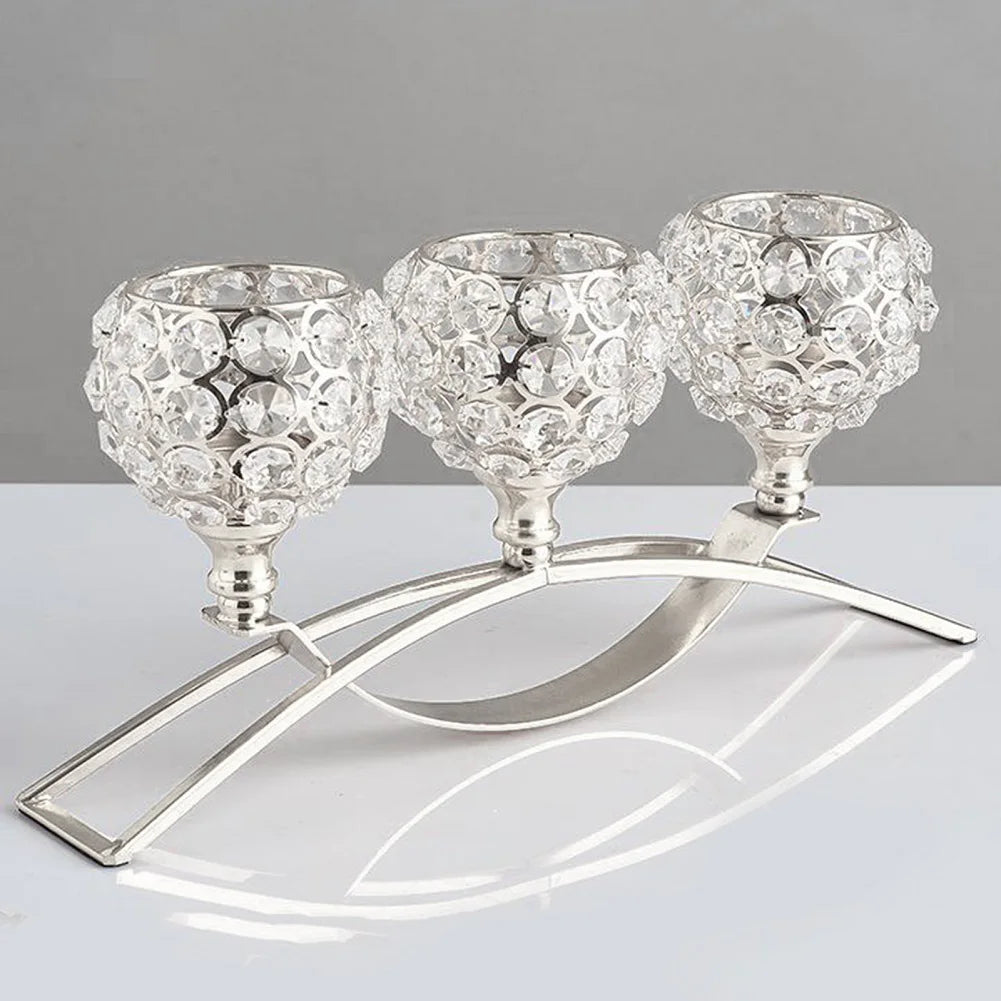 CristaLuce Bougeoir | 3 Coupes en Cristal | Design Arc Moderne | Métal & Verre | 33×9×15,5 cm