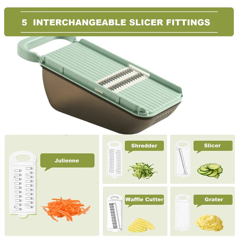 Coupe-légumes SlicePro MultiChef | Râpe de cuisine 5-en-1 avec récipient de collecte | Lames en acier inoxydable & sans BPA | Pour légumes, fromage & salades