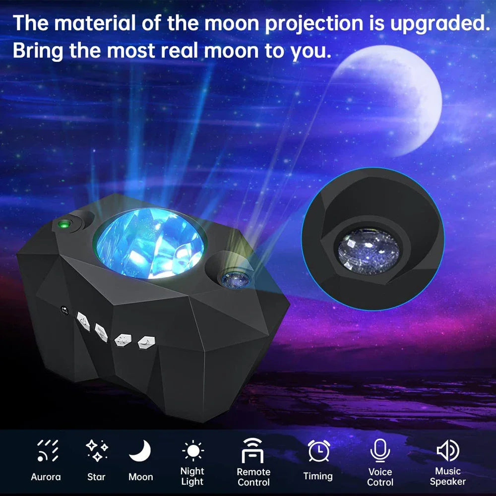 Projecteur Auralis Ciel Étoilé | 3-en-1 Aurore, Étoiles & Lune | Musique Bluetooth & Télécommande | Veilleuse avec Minuteur