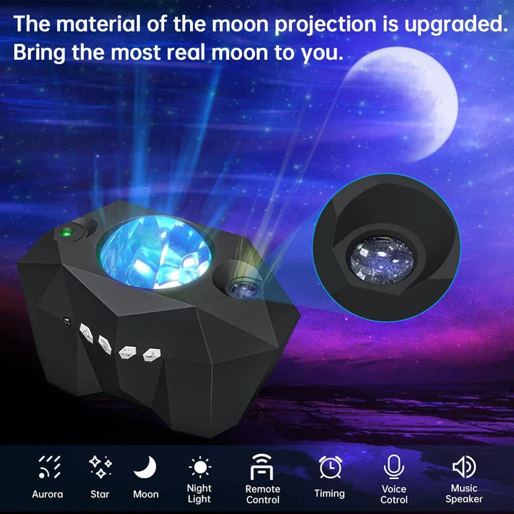 Projecteur Auralis Ciel Étoilé | 3-en-1 Aurore, Étoiles & Lune | Musique Bluetooth & Télécommande | Veilleuse avec Minuteur