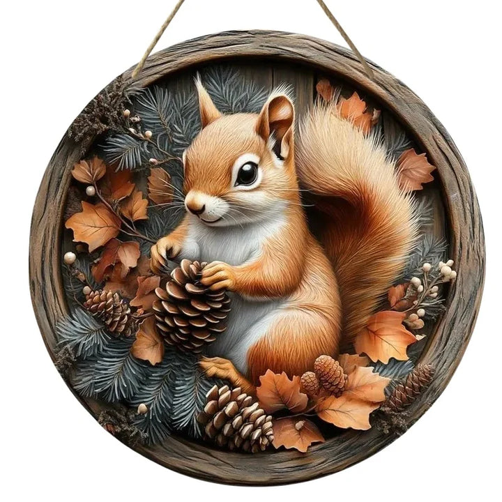 Panneau en bois AutumnTail | Panneau de bienvenue rond avec motif d'écureuil | 20–30 cm | Décoration d'automne et d'hiver faite à la main
