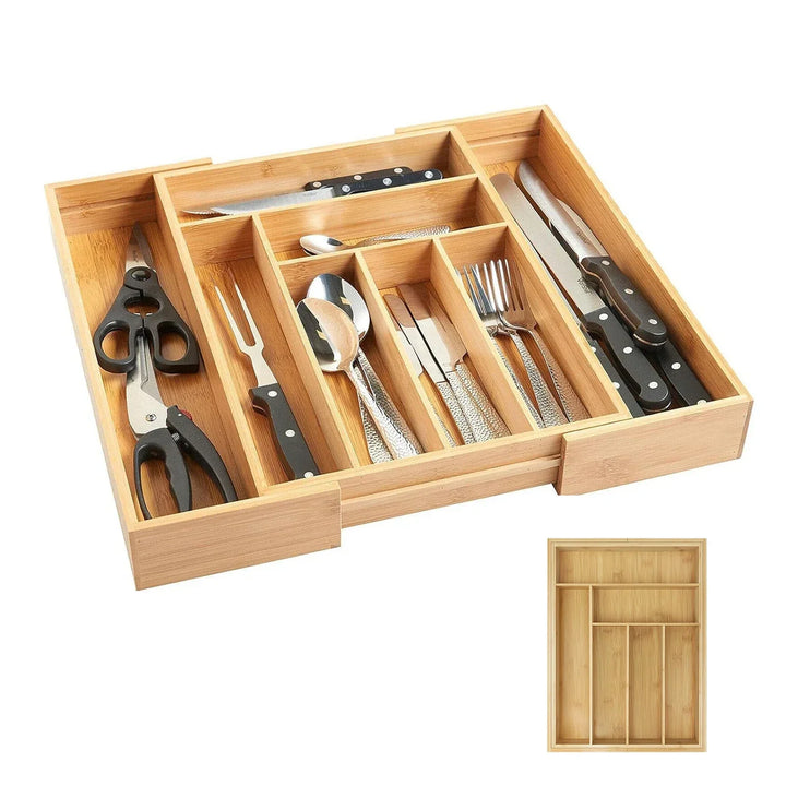 Bambusio Boîte à couverts en bambou | Extensible 32–52 cm | 6–8 compartiments | Organisateur de tiroir durable pour la cuisine, la salle de bain et le bureau