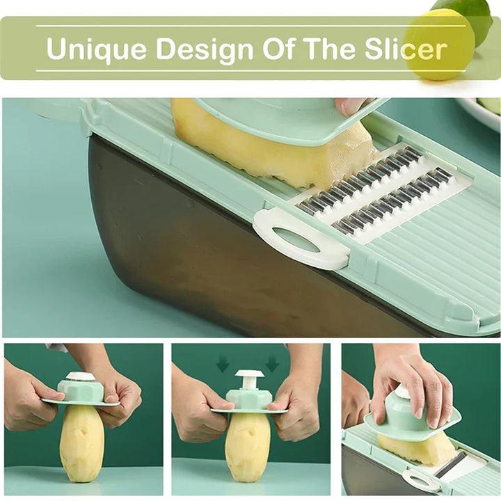 Coupe-légumes SlicePro MultiChef | Râpe de cuisine 5-en-1 avec récipient de collecte | Lames en acier inoxydable & sans BPA | Pour légumes, fromage & salades