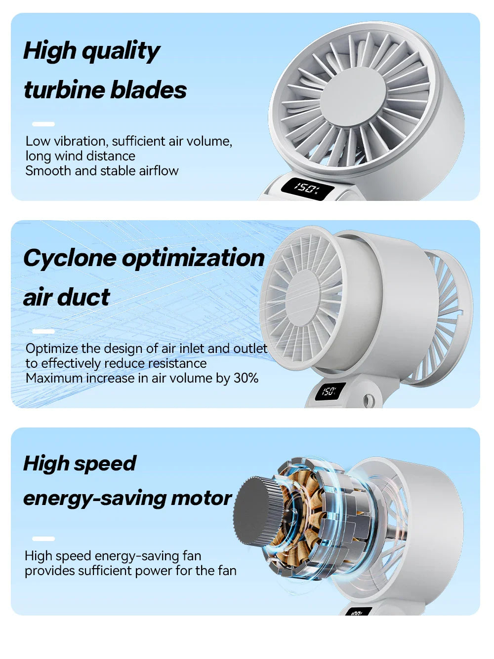 ZephyrAir Ventilateur pliable silencieux | Rechargeable par USB 3000 mAh | Mini ventilateur à main avec 3 couleurs de lumière et affichage de l'air