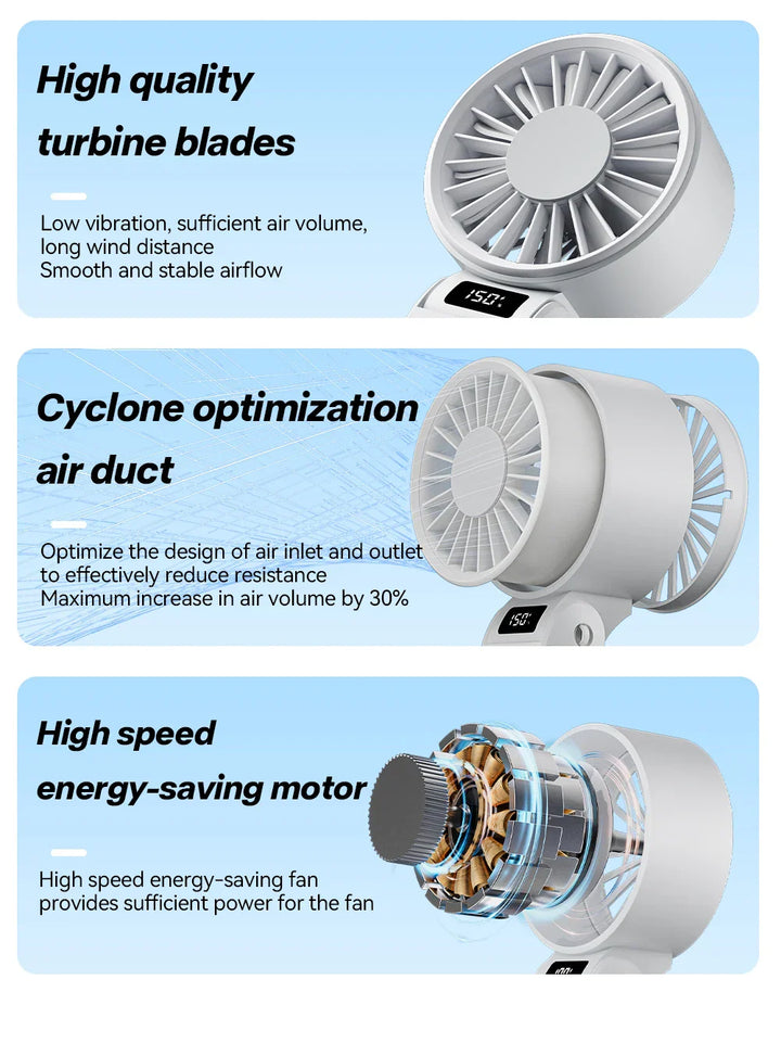 ZephyrAir Ventilateur pliable silencieux | Rechargeable par USB 3000 mAh | Mini ventilateur à main avec 3 couleurs de lumière et affichage de l'air