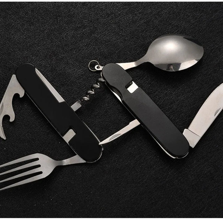 Set de couverts 4-en-1 Camplico pour extérieur | Cuillère, fourchette, couteau & décapsuleur pliables | Acier inoxydable & compact | Pour le camping & les voyages