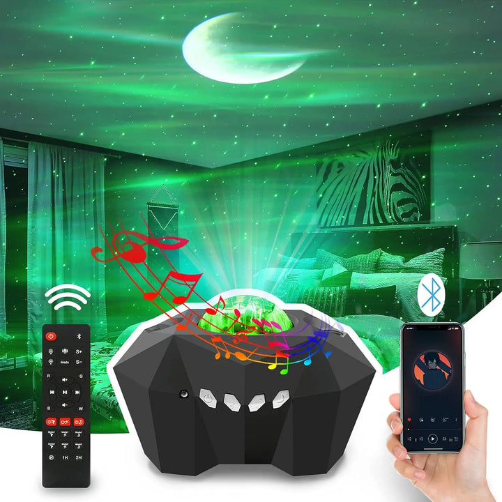 Projecteur Auralis Ciel Étoilé | 3-en-1 Aurore, Étoiles & Lune | Musique Bluetooth & Télécommande | Veilleuse avec Minuteur