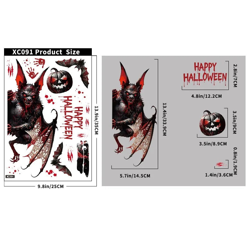 Autocollants de fenêtre HorrorPumpkins | Ensemble d'autocollants Halloween | Citrouille, crâne, empreintes de mains ensanglantées & chauves-souris | Réutilisables