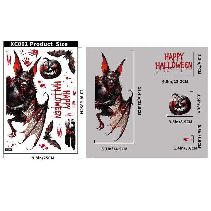 Autocollants de fenêtre HorrorPumpkins | Ensemble d'autocollants Halloween | Citrouille, crâne, empreintes de mains ensanglantées & chauves-souris | Réutilisables