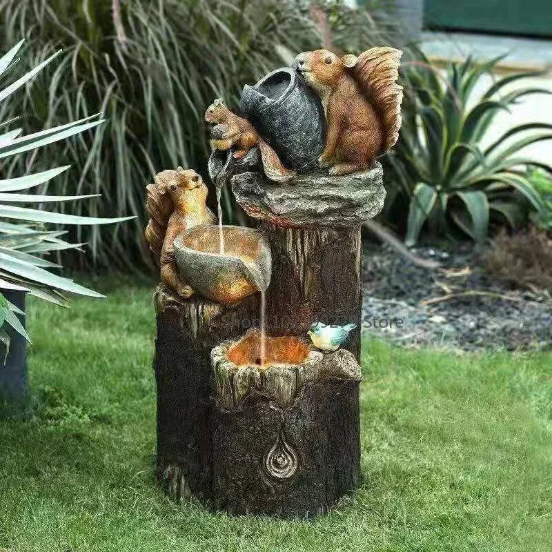 Fontaine Deko Solaire Lunaverde Canard & Écureuil | Figurine de jardin avec lumière LED | Résine synthétique résistante aux intempéries | Pour terrasse & balcon