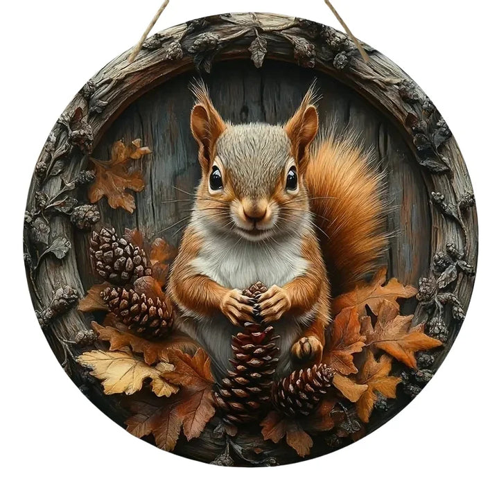 Panneau en bois AutumnTail | Panneau de bienvenue rond avec motif d'écureuil | 20–30 cm | Décoration d'automne et d'hiver faite à la main