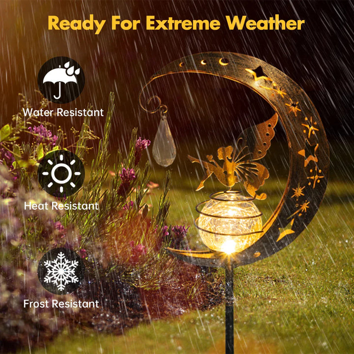 Lunafeya Lampe de jardin solaire avec Lune & Fée | Boule en verre fissuré | Étanche IP55 | Décoration romantique pour chemin & parterre