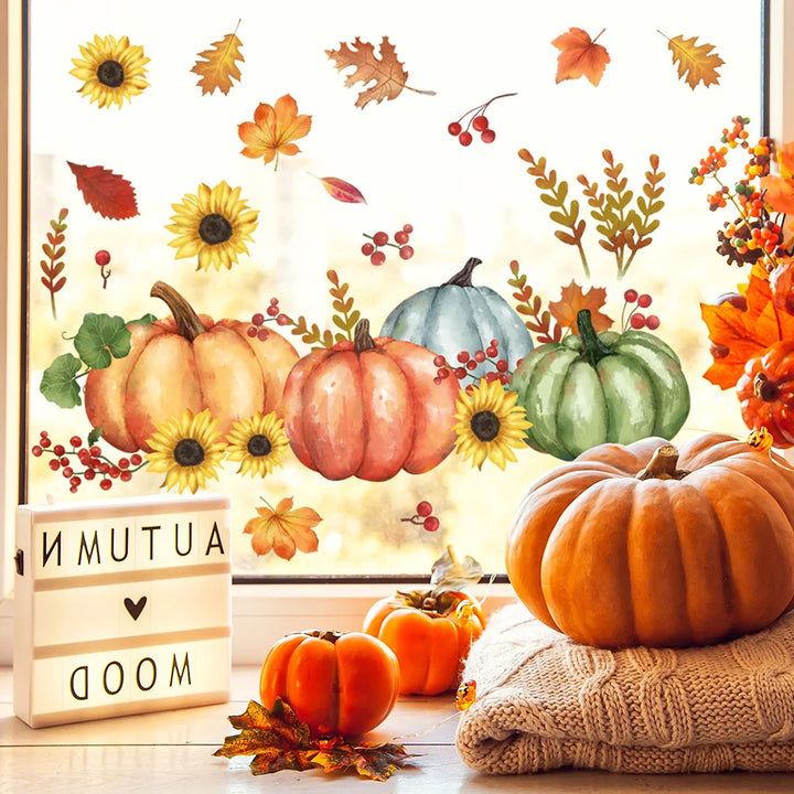 Autocollants de fenêtre d'automne LeafyCharm | Motifs de citrouilles et de feuilles | Décoration réutilisable | Pour la maison et le bureau
