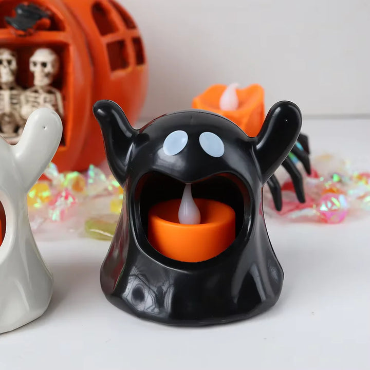 Lampe à bougie Halloween SpookyGlow | Lumière LED vacillante Blanc chaud | Fonctionne sur piles | Décoration pour maison, jardin & fête | 8×8 cm