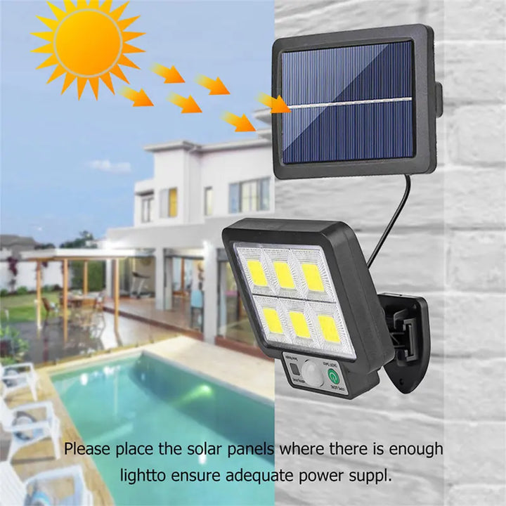 LumoVolt Lumière Solaire avec Détecteur de Mouvement | 72 LED COB | Télécommande & Câble de Panneau Solaire de 5 m | 3 Modes | Résistant aux Intempéries IP65