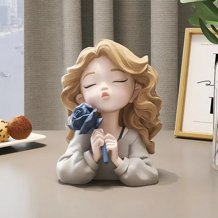 Florina Grace | Figurine décorative fille avec fleur | Statue en résine | Accessoire de maison élégant & idée cadeau