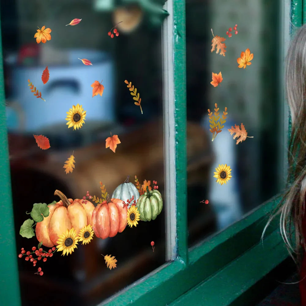 Autocollants de fenêtre d'automne LeafyCharm | Motifs de citrouilles et de feuilles | Décoration réutilisable | Pour la maison et le bureau