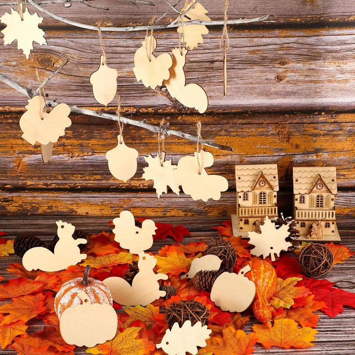 WoodlyFall Citrouille & Feuilles Pendentif | Ensemble de 6 | Décoration en Bois à Créer | À Peindre & Accrocher | Automne & Thanksgiving