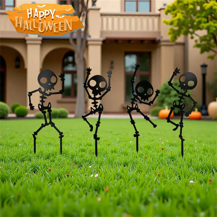 Décoration de jardin SpookySteps | Squelettes dansants | Métal résistant aux intempéries | Ensemble de 4 | Décoration d'extérieur Halloween