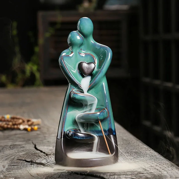ZenAura Brûleur d'encens à reflux | Céramique | Design couple amoureux | Décoration & Méditation | 7,3×7,4×17,4 cm