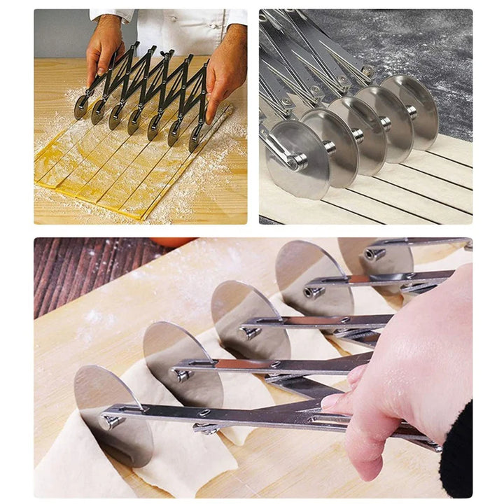 SlicePro™ Couteau à pâte en acier inoxydable | Pliable & Réglable | 3 à 7 Roues | Portionnement parfait pour Pizza, Pâtisseries & Pâtes