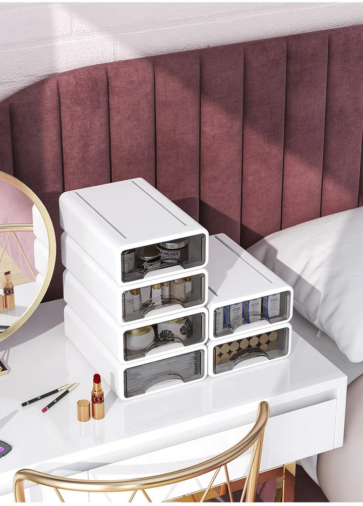 ClaryBox Boîte de rangement avec tiroir | Empilable & Étanche à la poussière | Pour bureau, cosmétique, bijoux & médicaments | Blanc | Taille S/L