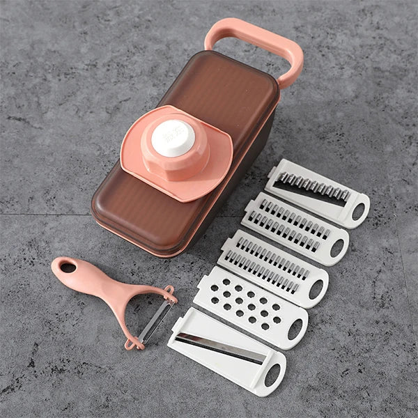 SchnippelMeister Coupe-légumes 5-en-1 | Multicoupe avec récipient de collecte | Râpe, mandoline & coupe en dés | Sans BPA & compatible lave-vaisselle | 27×11×10 cm