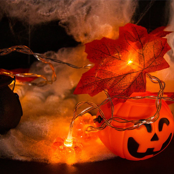 Guirlande d'automne AutumnGlow | 1,5 m | Décoration feuilles d'érable & citrouilles | 5 LED Blanc chaud