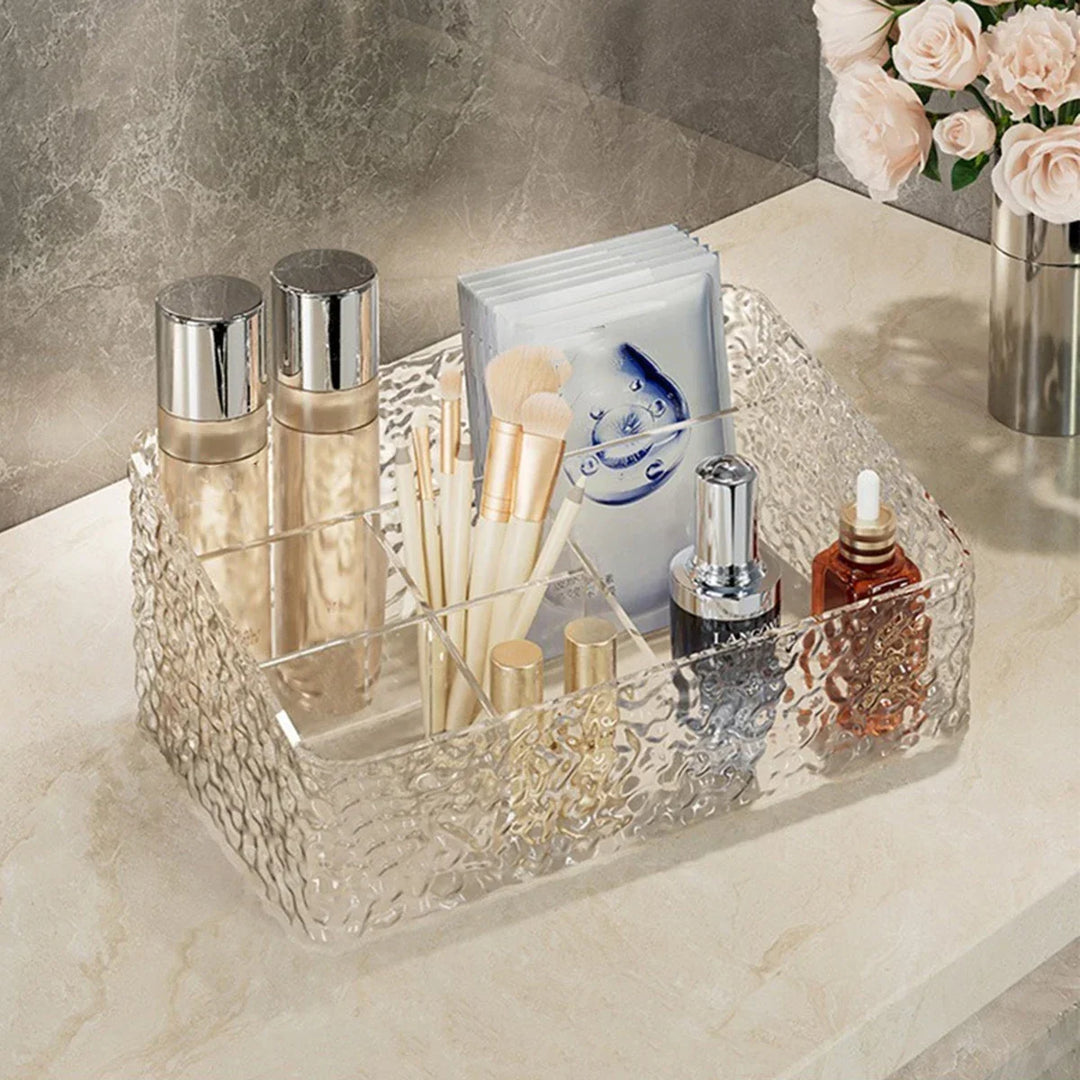 Boîte Organisatrice de Maquillage ClaryLux | Design Ondes d'Eau | Grande Capacité | Forme Trapézoïdale Ouverte