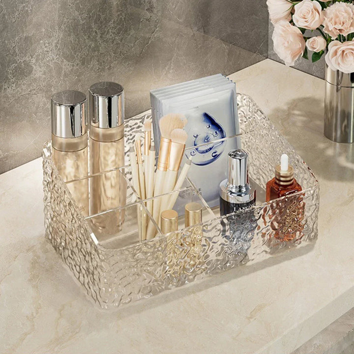 Boîte Organisatrice de Maquillage ClaryLux | Design Ondes d'Eau | Grande Capacité | Forme Trapézoïdale Ouverte