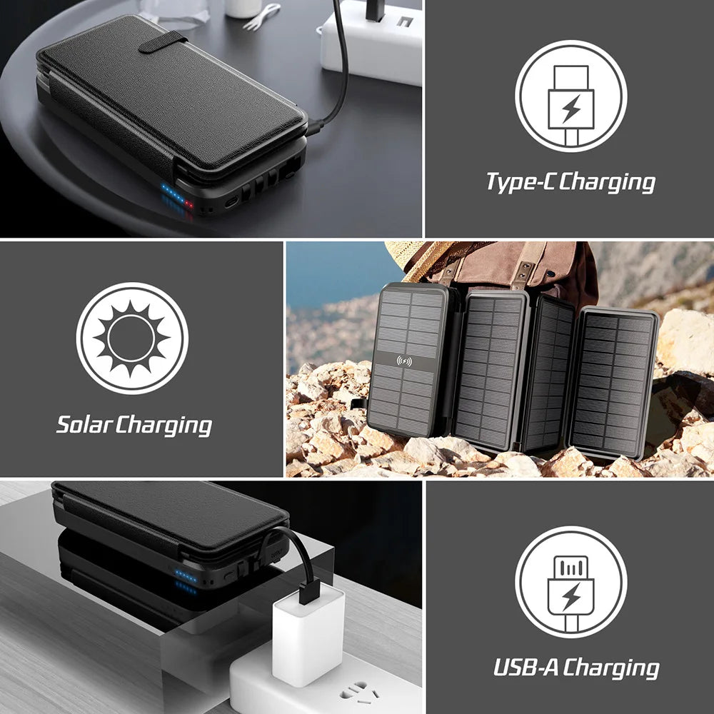 Batterie Solaire VoltCore X Pro 43800mAh | Charge Rapide 20W | Charge Sans Fil 10W | Câbles Intégrés & Lampe LED | Extérieur & Voyage