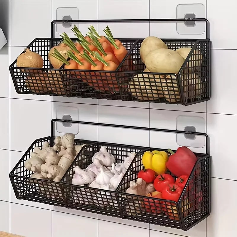 KÜCHENKORB 3in1 Étagère de rangement | Pour oignons, ail & gingembre | Inoxydable & montage mural – Noir
