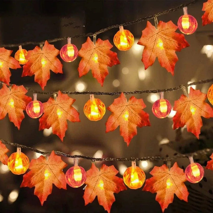 Guirlande d'automne AutumnGlow | 1,5 m | Décoration feuilles d'érable & citrouilles | 5 LED Blanc chaud