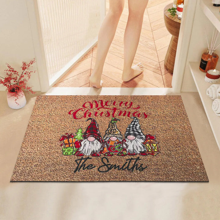 Tapis de Noël | Tapis rouge avec motif de Père Noël et nains | Antidérapant & Absorbant | Intérieur & Extérieur