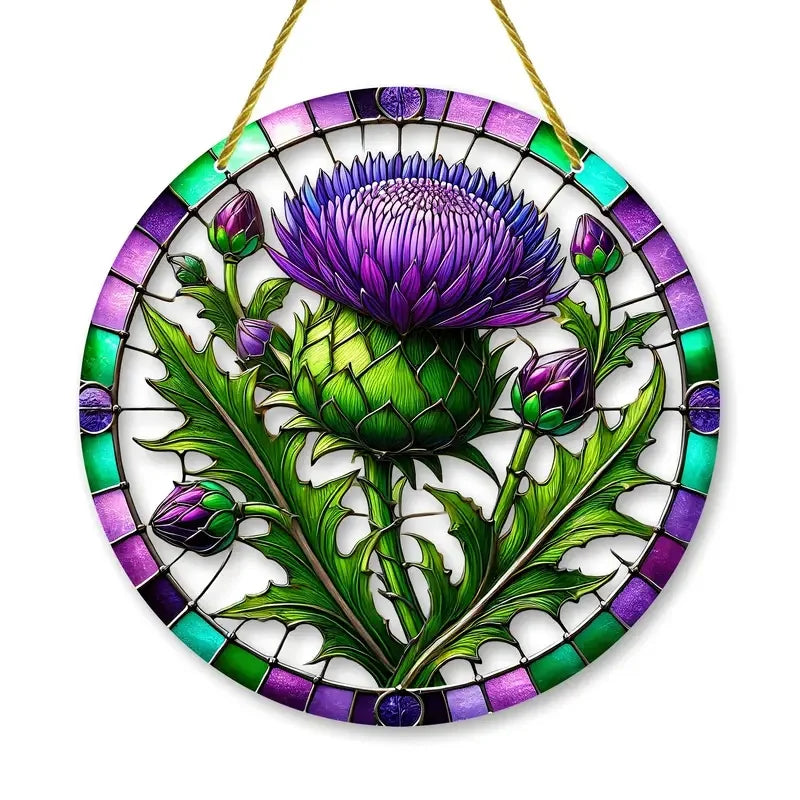 Attrape-Soleil ThistleLight | Décoration de fenêtre en acrylique ronde avec motif de chardon | 15–20 cm | Peint à la main & translucide