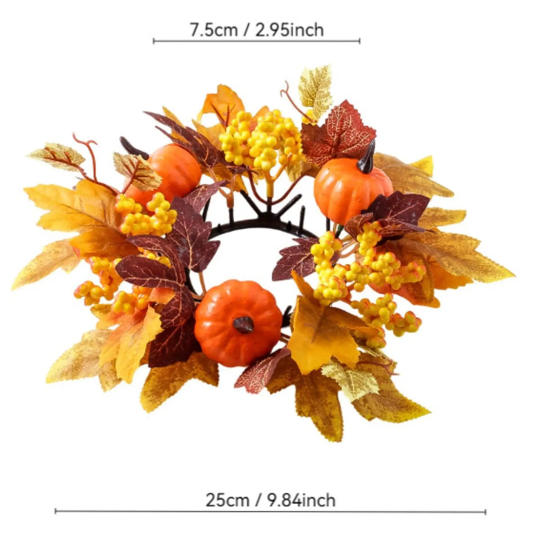 Couronne de bougies HarvestGlow | 25 cm de diamètre extérieur | Feuilles d'érable, citrouilles & baies | Décoration d'automne